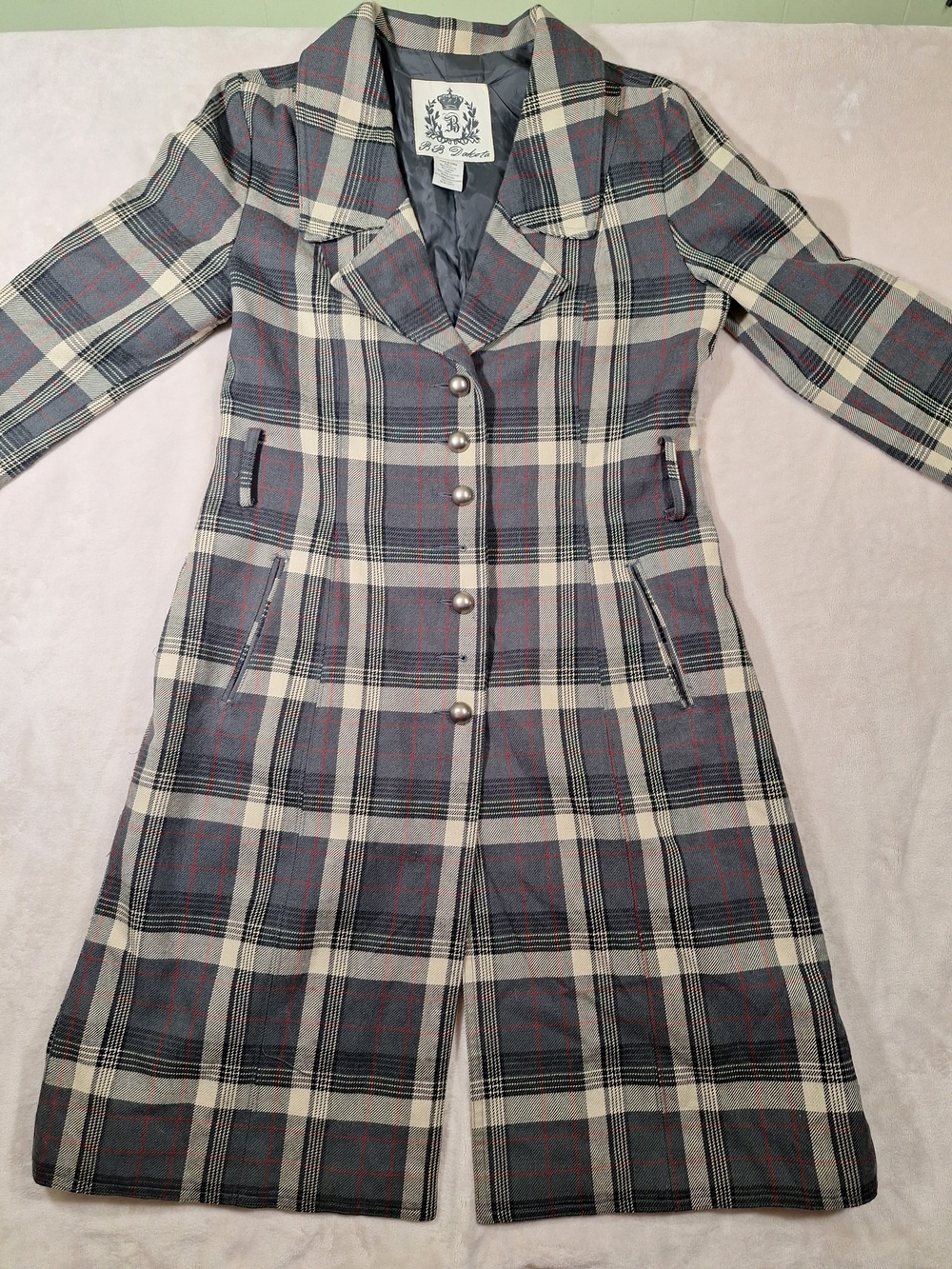 BB Dakota Plaid Wool Blend Longline Trench Coat Size L Dark Academia Goth